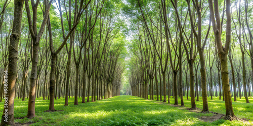 A row of rubber plantation trees that appear to be in order photo