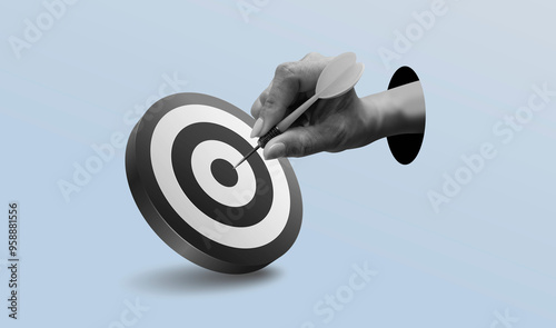 Holding a dart aiming at the target - business targeting 3d illustration, aiming, focus concept. Art collage digital pop modern art. photo