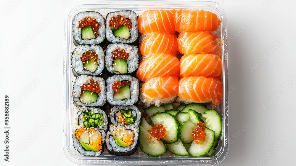 A neatly arranged plastic tray featuring salmon nigiri, different types of sushi rolls, and fresh cucumber slices, showcasing a perfect sushi meal for one.