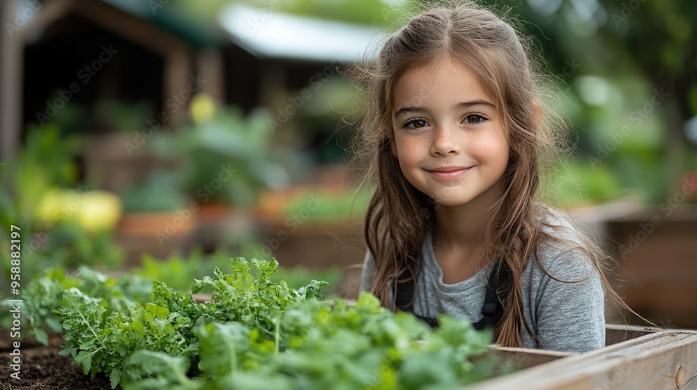 portrait of girl in gardening clothes taking care of small vegetable plants in raised bed childhood outdoors in garden portrait of girl in gardening clothes taking care of small vegetable plants in raised bed childhood outdoors in garden
