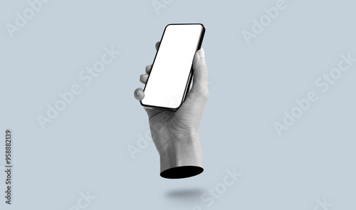 Hand holding phone with empty screen in hand on grey background. Art collage digital pop modern art.