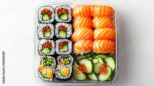 A neatly arranged plastic tray featuring salmon nigiri, different types of sushi rolls, and fresh cucumber slices, showcasing a perfect sushi meal for one.