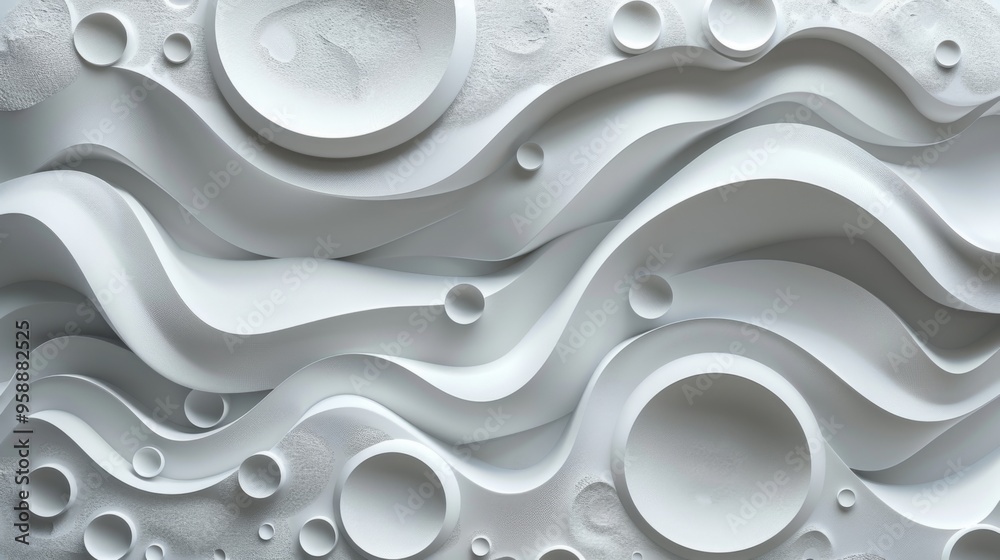 Abstract White 3D Wavy Background with Circular Elements Abstract White 3D Wavy Background with Circular Elements