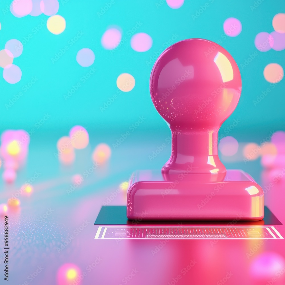 A vibrant pink rubber stamp on a colorful background, perfect for creative projects and branding needs.