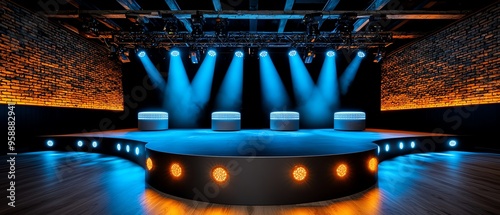 Modern stage with blue lighting and empty podiums, perfect for events, presentations, or performances in a stylish venue. photo