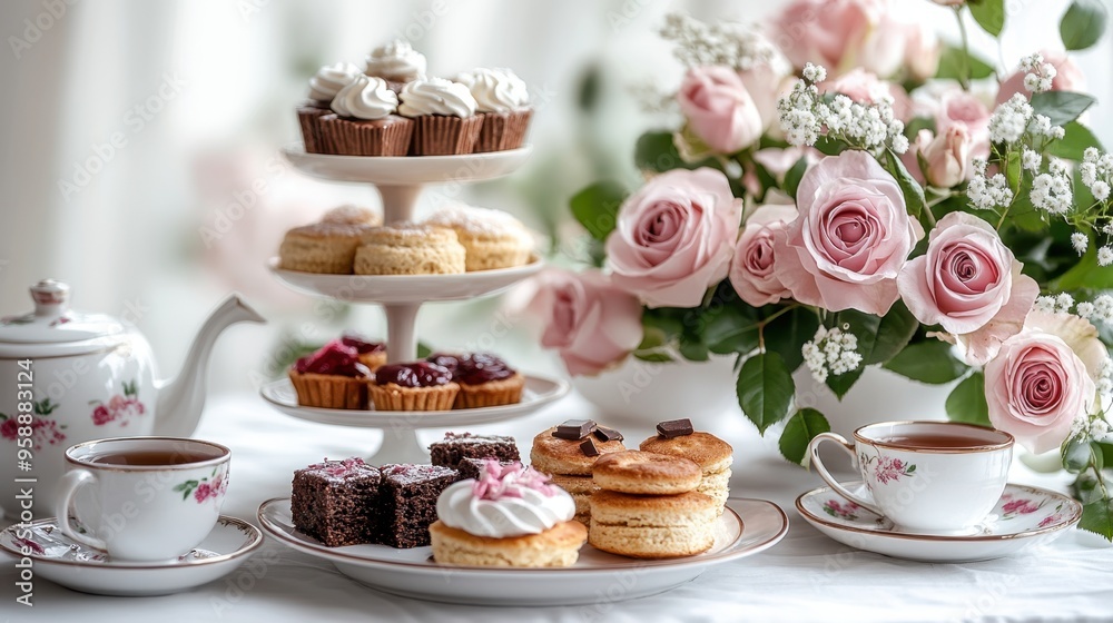 A refined tea setup featuring a variety of pastries, chocolate treats, and a floral teapot, accompanied by pink roses in a serene setting. A refined tea setup featuring a variety of pastries, chocolate treats, and a floral teapot, accompanied by pink roses in a serene setting.
