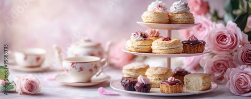 Wallpaper Mural Tea set with Afternoon tea stand with scones, cakes, tarts, chocolate and pastries, still life with rose flowers on soft white-purple background Torontodigital.ca