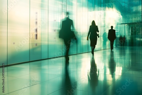 Silhouettes of Business People Walking in Modern Office Corridor with Reflective Glass Walls