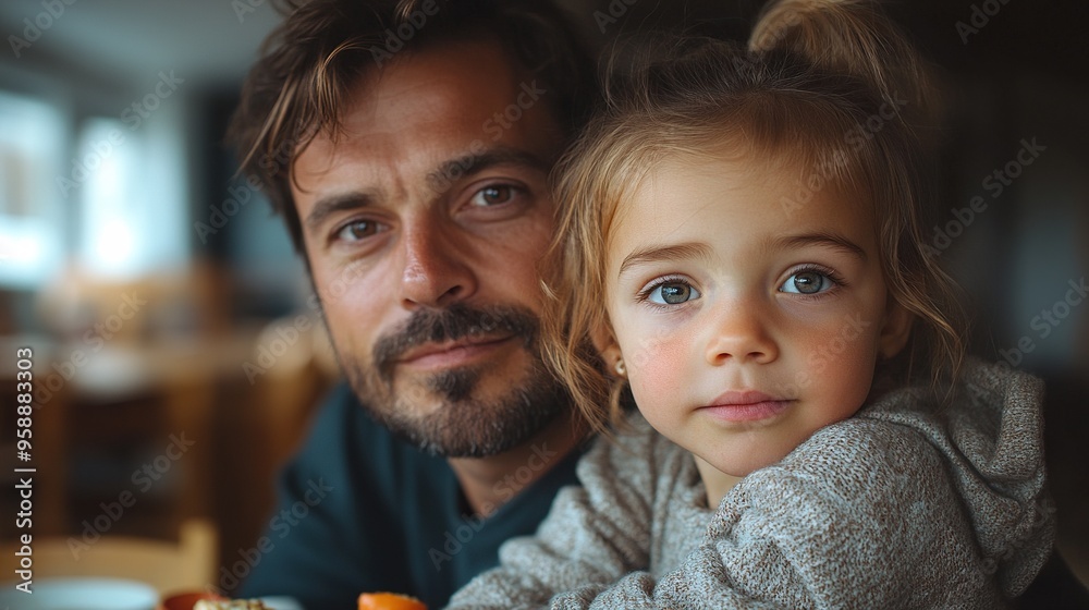 portrait of poor small girl with father eating indoors at home poverty concept
