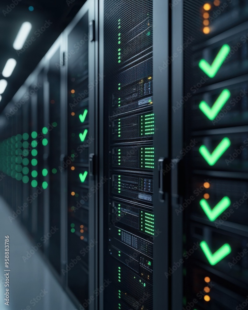 High-tech server room with rows of servers displaying green check marks, symbolizing system efficiency and reliability. High-tech server room with rows of servers displaying green check marks, symbolizing system efficiency and reliability.