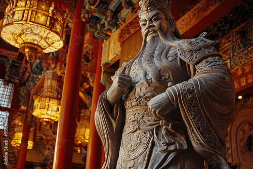 A Majestic Guardian: A towering statue of a Chinese god, adorned with intricate carvings, stands in a richly decorated temple interior. photo