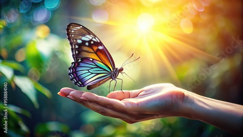 Delicate butterfly perches on outstretched palm, iridescent wings spread wide, antenna twitching, as gentle fingers cradle it, conveying serenity and tender human connection with nature. photo