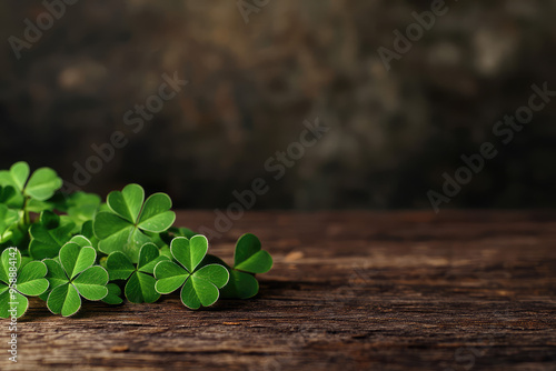 Lucky Charm: Green clover leaves rest on a weathered wooden surface, a symbol of hope and fortune. #StPatricksDay #IrishCulture #GoodLuck photo