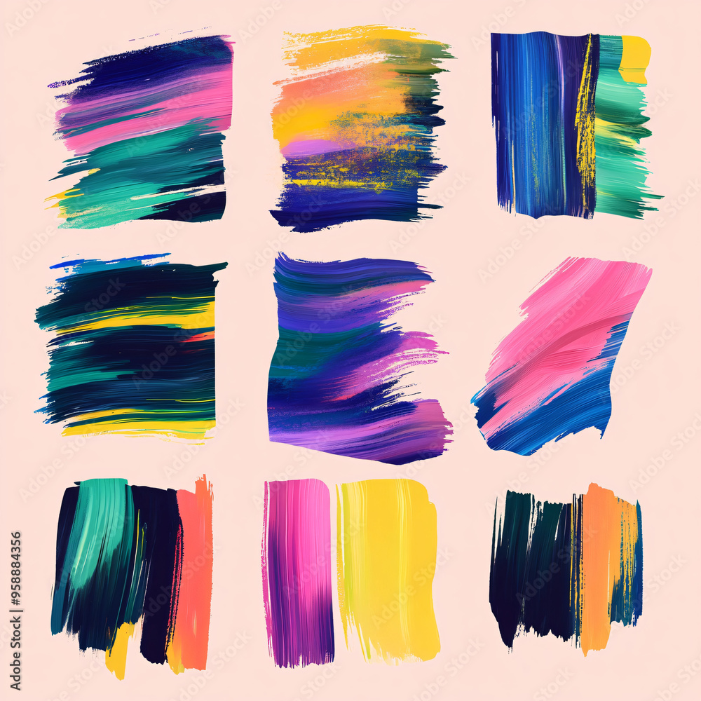 Naklejka premium A set of abstract brushstroke textures with vivid colors. 