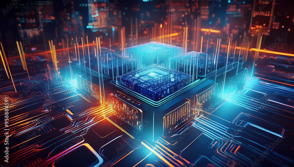 Fototapeta premium background combining quantum computing elements (like qubits) with AI, showcasing.