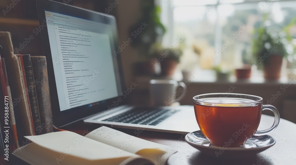 Cozy workspace with warm tea, inviting atmosphere, soft lighting, comfortable chair, wooden desk, books and plants creating a serene environment Cozy workspace with warm tea, inviting atmosphere, soft lighting, comfortable chair, wooden desk, books and plants creating a serene environment