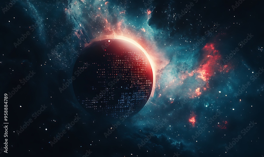 Obraz premium A Digital Planet in a Starry Nebula