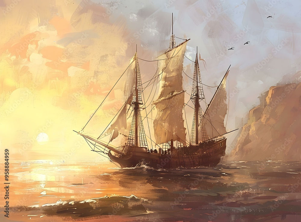 Fototapeta premium Sailing Ship at Sunset with Rocky Cliffs