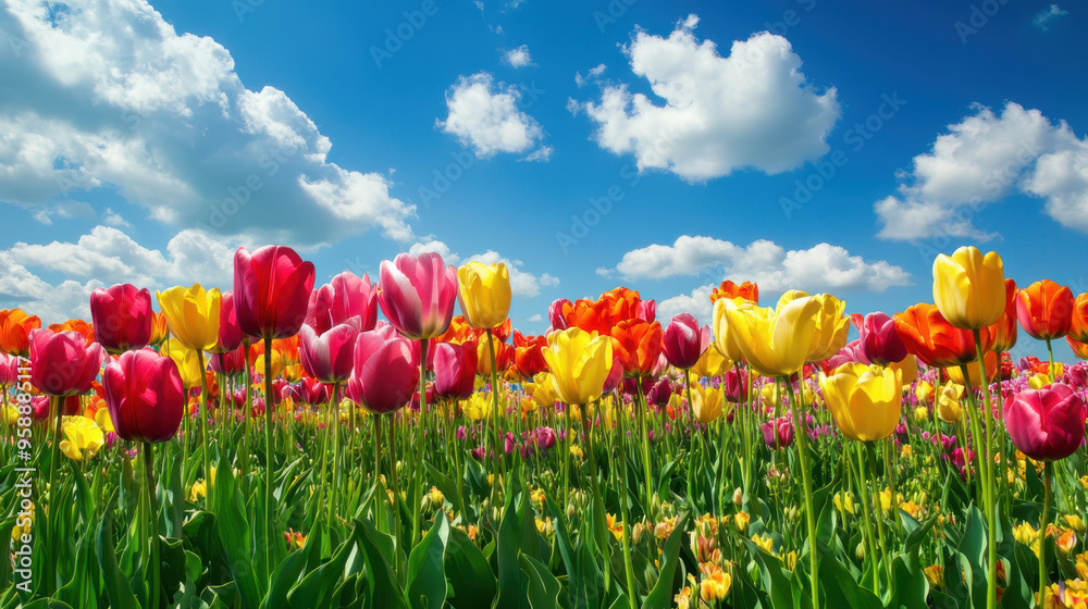 Spring Tulip Delight Under Blue Sky - AI Generated Spring Tulip Delight Under Blue Sky - AI Generated