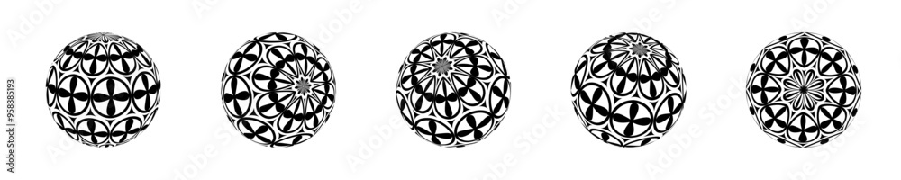 Set of isolated spheres with black pattern with different tilt. Volumetric balls, abstract 3D shape, spherical vector balls. Set of isolated spheres with black pattern with different tilt. Volumetric balls, abstract 3D shape, spherical vector balls.