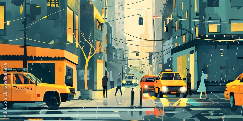 Rainy City Street with People and Cars Rainy City Street with People and Cars
