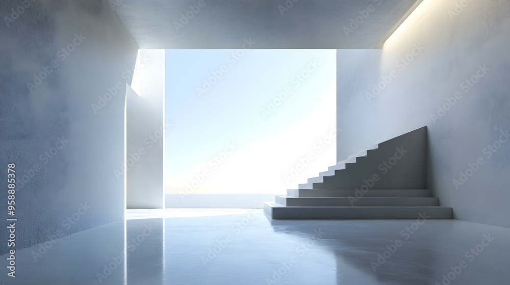 Fototapeta premium Modern Minimalist Architecture with Ocean View and Staircase