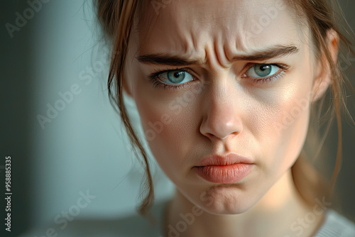 A Close-Up Portrait of Frustration: The furrowed brow, narrowed eyes, and pursed lips tell a story of unspoken emotions. photo