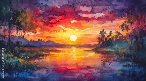 Vibrant Sunset Over Tranquil Lake Watercolor Painting