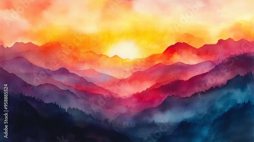 Stunning Watercolor Sunset Over Mountains