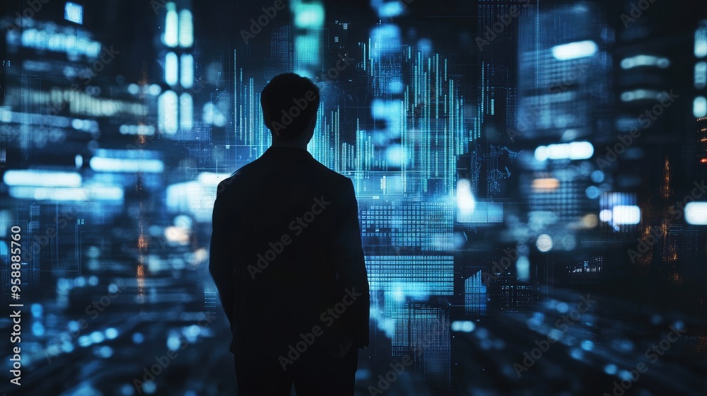 A futuristic financial graph with digital elements, overlaid on a businessman silhouette in a dark, tech-driven environment A futuristic financial graph with digital elements, overlaid on a businessman silhouette in a dark, tech-driven environment