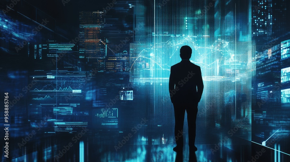 A futuristic financial graph with digital elements, overlaid on a businessman silhouette in a dark, tech-driven environment A futuristic financial graph with digital elements, overlaid on a businessman silhouette in a dark, tech-driven environment