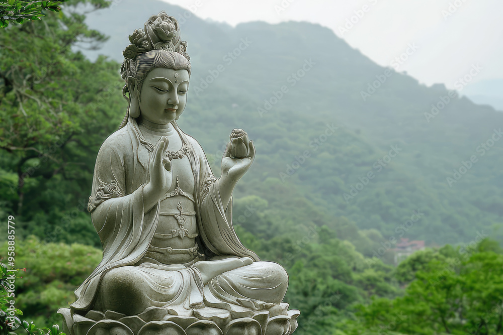 Guanyin, the Goddess of Mercy, sits serenely amidst lush greenery, her gaze fixed on a distant horizon, radiating peace and tranquility. Guanyin, the Goddess of Mercy, sits serenely amidst lush greenery, her gaze fixed on a distant horizon, radiating peace and tranquility.