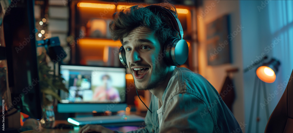 Young man student studying at home using computer and headphone.
