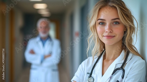 portrait of young woman doctor with her elder colleague at hospital corridor