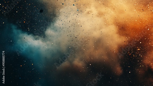 A dark background with a mix of blue and orange clouds, speckled with small flecks of color.