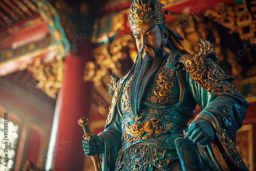 Guan Yu, the God of War, stands tall in a Chinese temple, his ornate armor and sword radiating power and authority.  photo