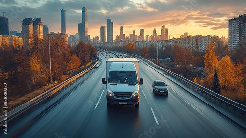 Fototapeta Naklejka Na Ścianę i Meble -  White modern delivery small shipment cargo courier van moving fast on motorway road to city