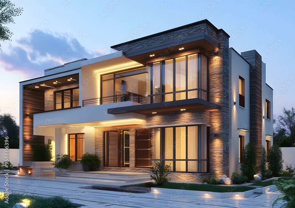 Fototapeta premium Modern Two Story House Design With Stone Wall And Large Windows