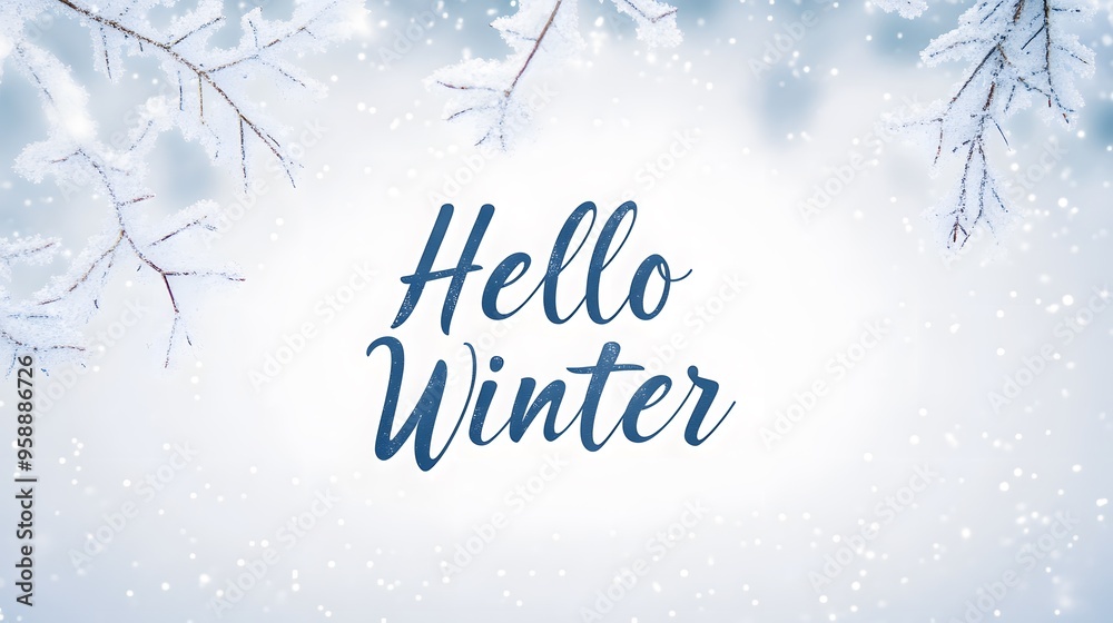 Hello Winter text on snowy branches Hello Winter text on snowy branches