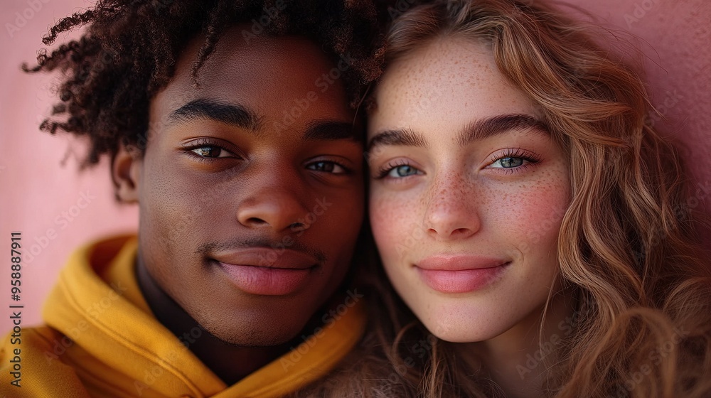 romantic fashion studio portrait of a biracial young couple in love in hoodie posing over pink background romantic fashion studio portrait of a biracial young couple in love in hoodie posing over pink background