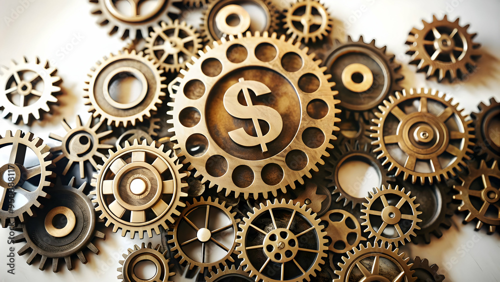 Flat Digital Gears and Money Symbol Concept for Automated Cost Management in Technology - Minimalistic Abstract Vector Illustration on White Background in Smart Business Tone Flat Digital Gears and Money Symbol Concept for Automated Cost Management in Technology - Minimalistic Abstract Vector Illustration on White Background in Smart Business Tone