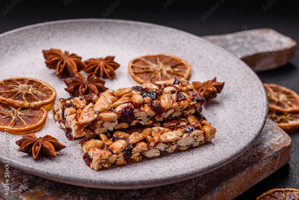 Delicious sweet nutrition bars with nuts, dried berries gluten free
