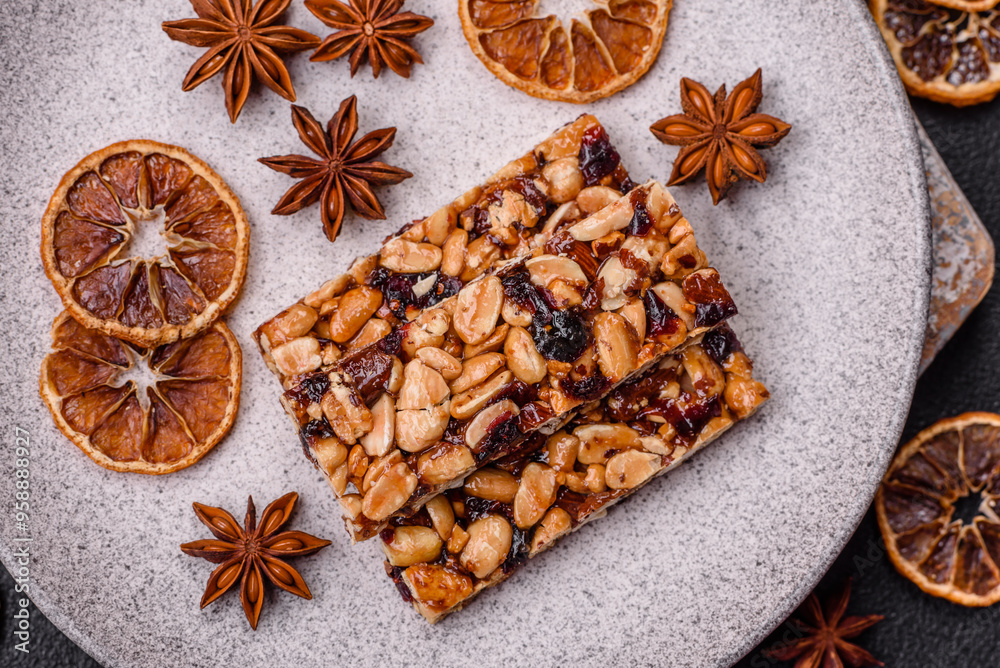 Delicious sweet nutrition bars with nuts, dried berries gluten free