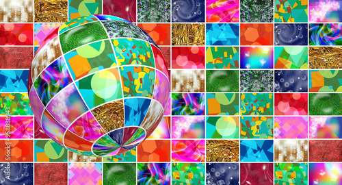 A vibrant mosaic of colorful patterns with a reflective sphere amidst artistic designs in a playful digital collage