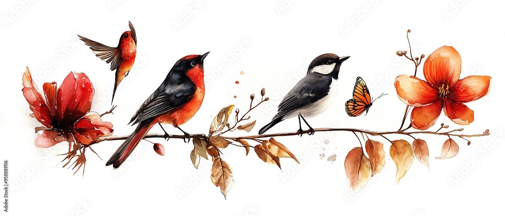 Fototapeta premium A beautiful watercolor illustration of birds perched on a branch adorned with vibrant flowers and a butterfly.