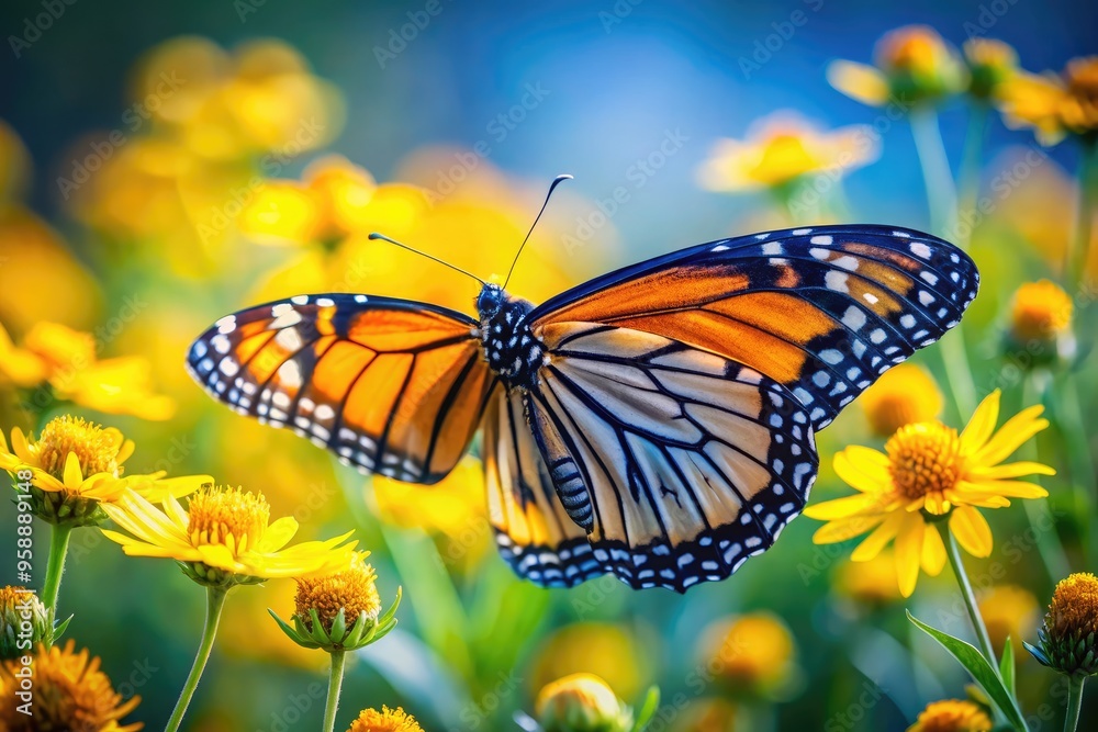 Delicate, intricately patterned monarch butterfly perches on a bright yellow flower, its iridescent blue wings shimmering in the warm, natural light of a sunny meadow. Delicate, intricately patterned monarch butterfly perches on a bright yellow flower, its iridescent blue wings shimmering in the warm, natural light of a sunny meadow.