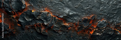 A detailed close up view of a piece of coal with bright flames coming out of it