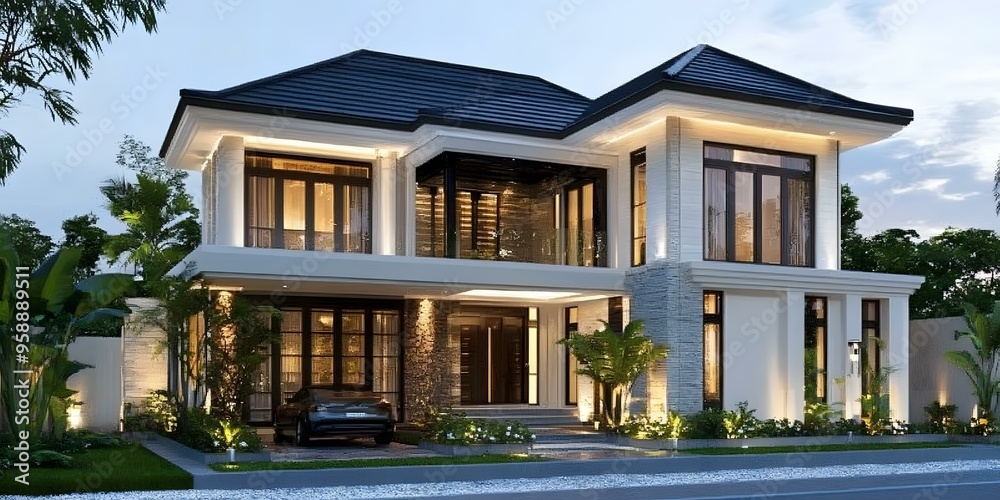 Fototapeta premium Modern Two Story House with Black Roof and Garage