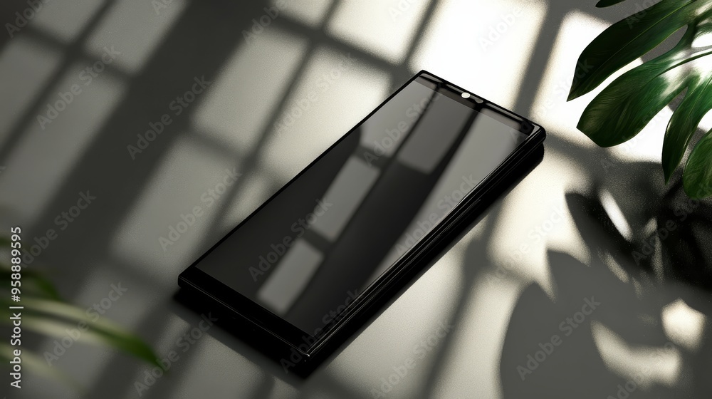 A sleek smartphone rests on a surface, with shadows and a plant in the background, suggesting a modern lifestyle. A sleek smartphone rests on a surface, with shadows and a plant in the background, suggesting a modern lifestyle.