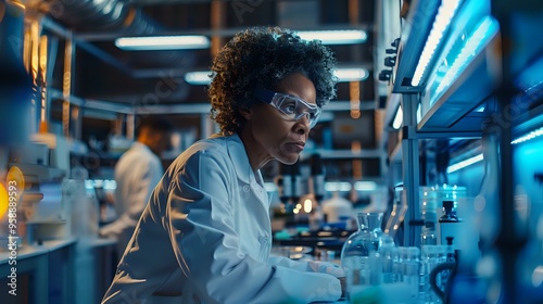 scientist working in a high-tech laboratory, surrounded by test tubes and advanced equipment, highlighting research, innovation, and discovery. Ideal for science, technology, and medical-themed visual